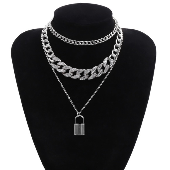 Silver Unisex Multilayer Padlock Chain Necklace - Picture 4 of 6
